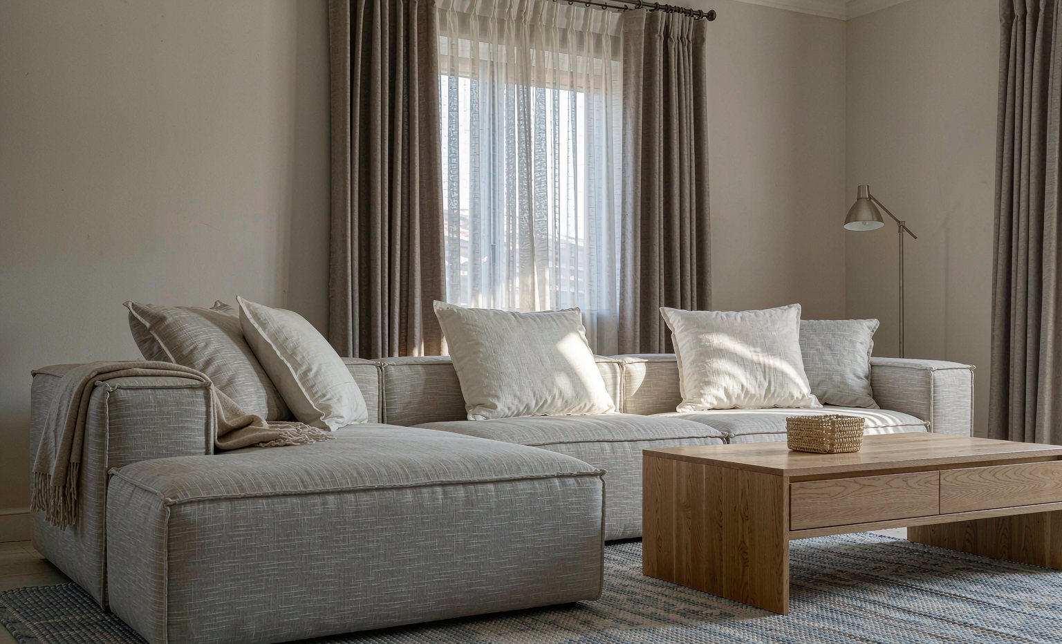 Light grey fabric sectional sofa in a modern living room