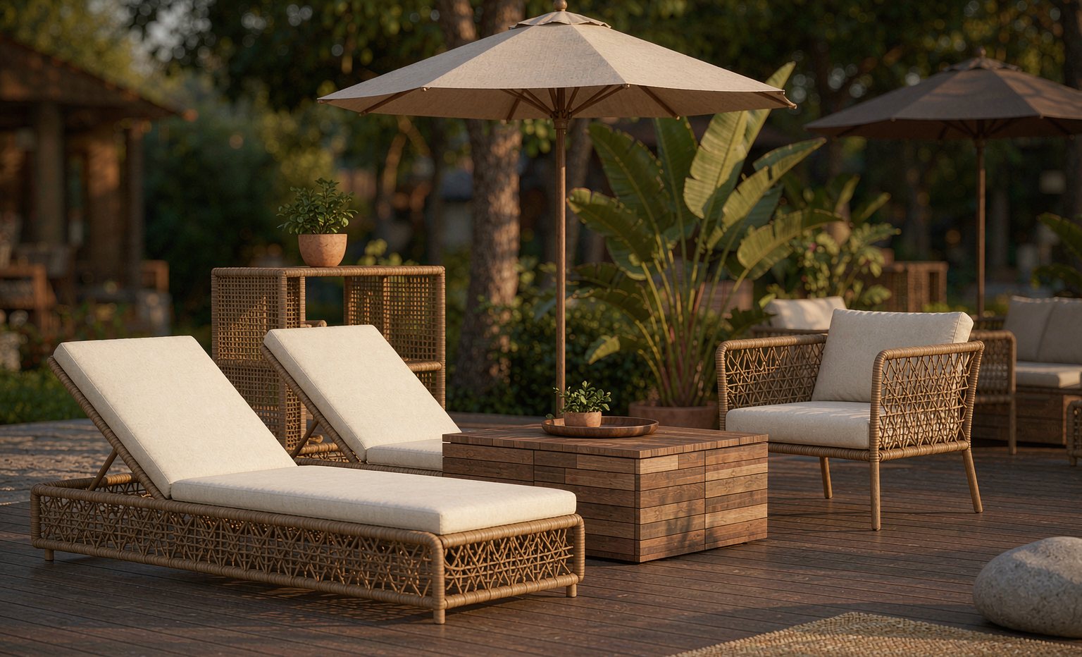 Rattan patio lounge set on a wooden deck