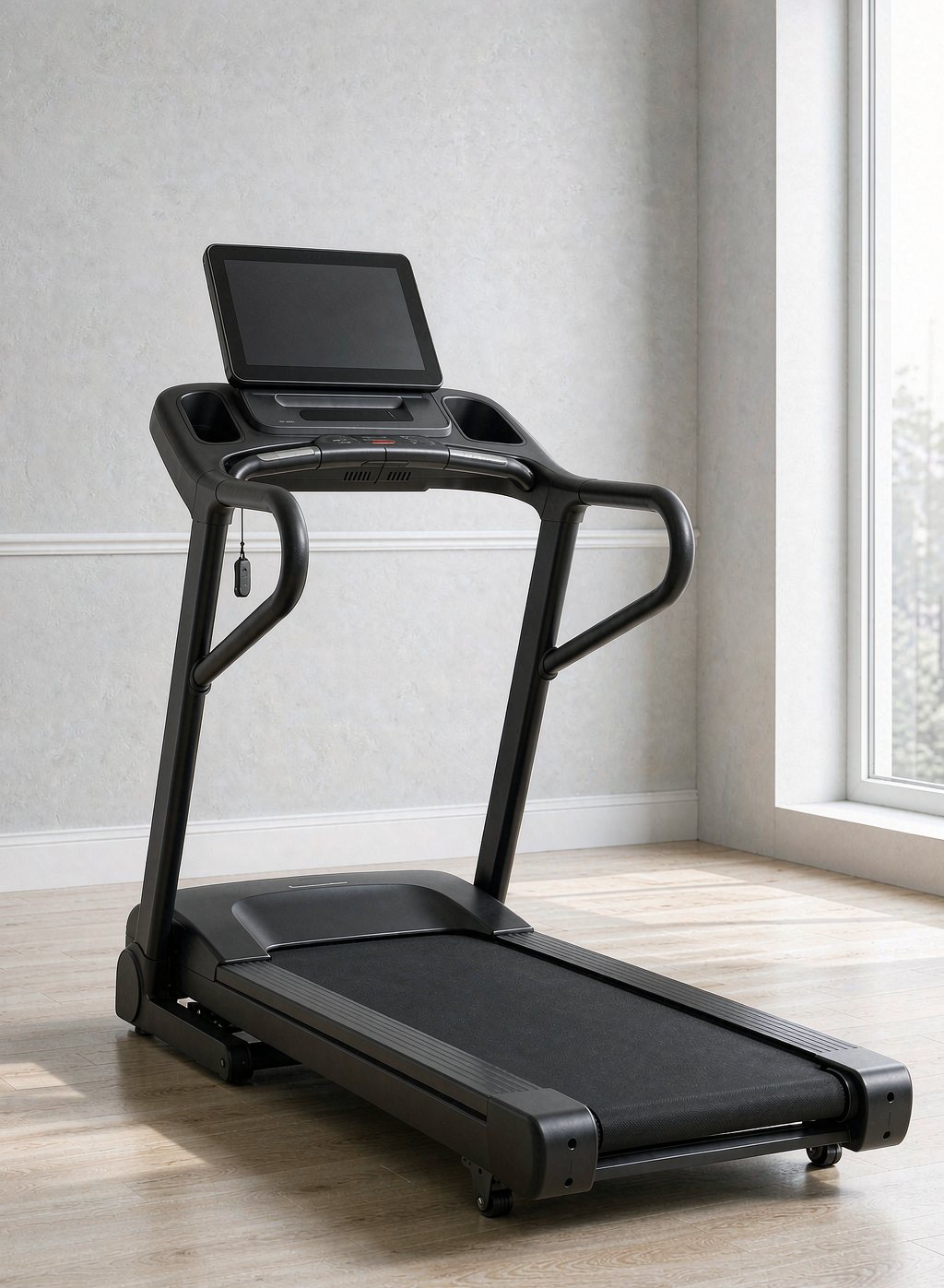 Black treadmill in a bright home gym