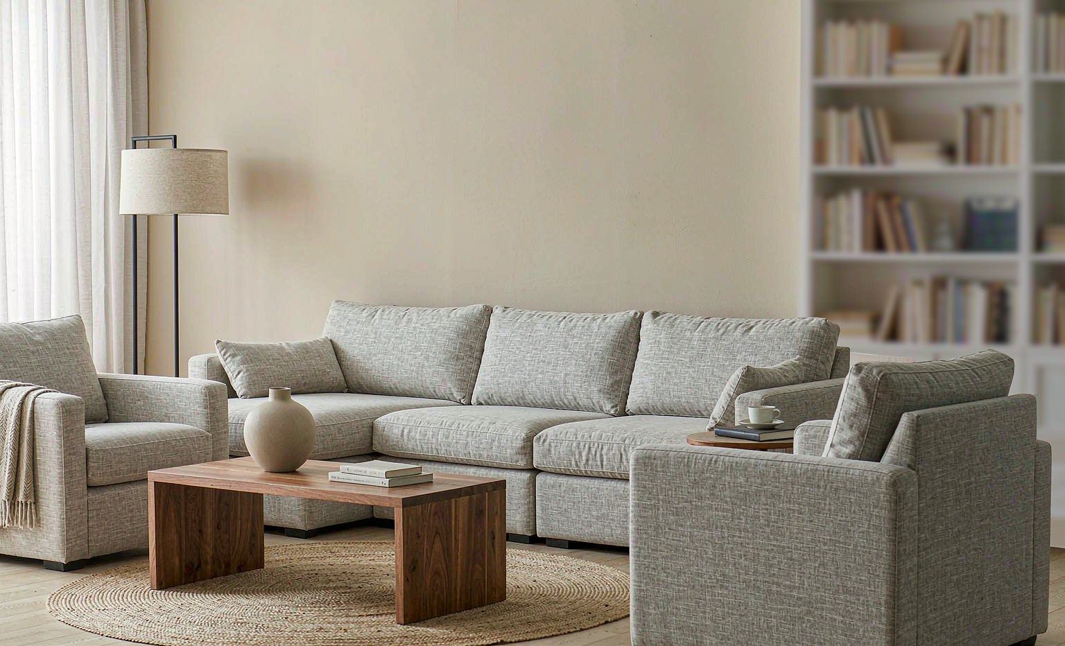 Light grey fabric sectional sofa with armchairs in a furnished living room