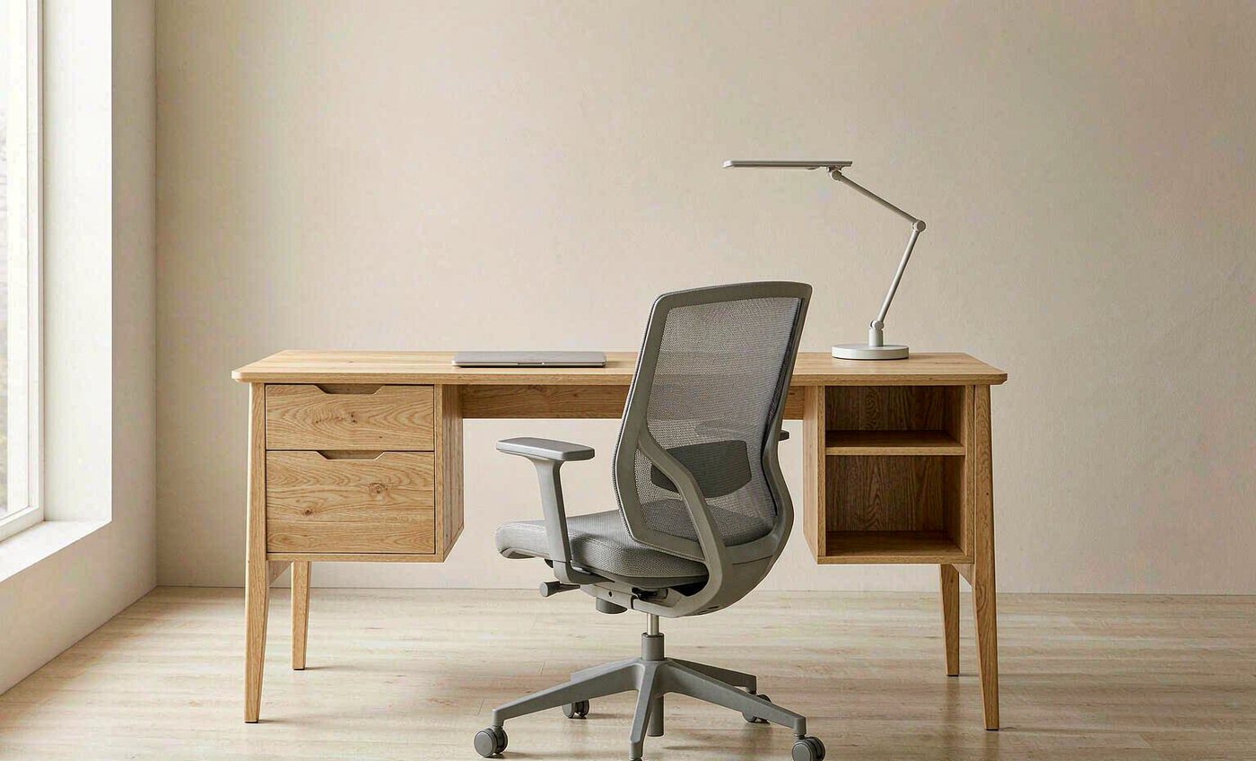 Light oak desk with an ergonomic mesh office chair
