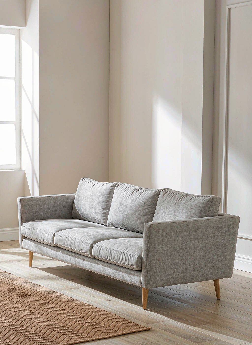 Three-seat light grey fabric sofa in a bright living room